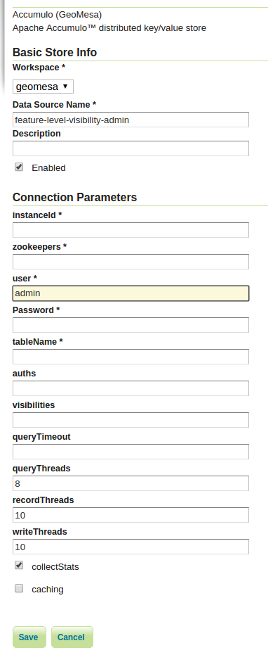 GeoMesa DataStore configuration with "admin" user