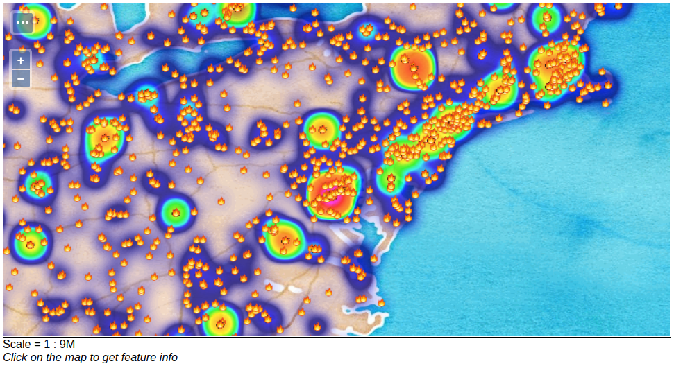 Showing heatmap with event overlay of GDELT events with CAMEO root code THREATEN