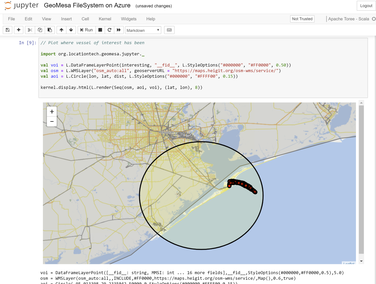 Jupyter notebook showing GeoMesa Leaflet integration